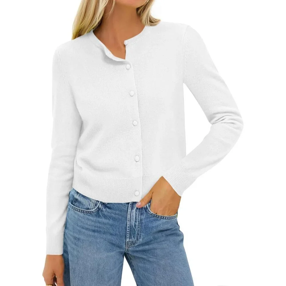 Women's Cashmere Blend Cardigan Small Crew Neck Button Long Sleeve Cozy